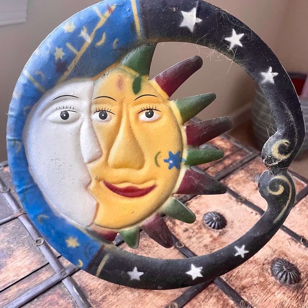 Vintage Indigenous Primitive Metal Crescent Moon Kissing Sun Hanging Wall Art